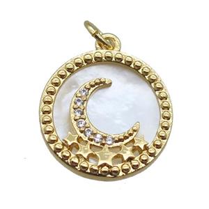 copper circle pendant paved zircon with moon, shell backing, gold plated, approx 15mm dia