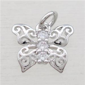 copper butterfly pendant paved zircon, platinum plated, approx 13-16mm