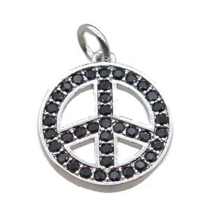 copper peace sign pendant paved zircon, platinum plated, approx 14mm dia