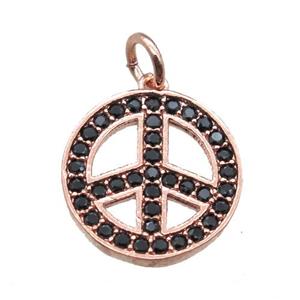 copper peace sign pendant paved zircon, rose gold, approx 14mm dia