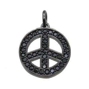 copper peace sign pendant paved zircon, black plated, approx 14mm dia