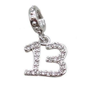 copper number13 pendant paved zircon, platinum plated, approx 10mm, 8mm dia