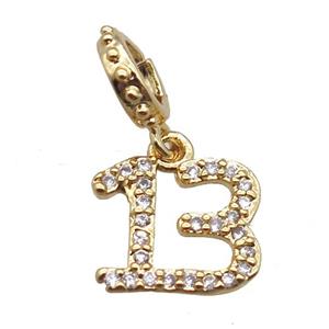 copper number13 pendant paved zircon, gold plated, approx 10mm, 8mm dia