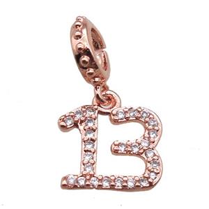 copper number13 pendant paved zircon, rose gold, approx 10mm, 8mm dia