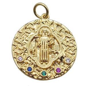 copper circle pendant paved zircon with Jesus, gold plated, approx 19mm dia