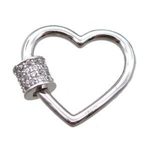 copper heart carabiner lock pendant paved zircon, platinum plated, approx 18mm