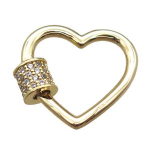 copper heart carabiner lock pendant paved zircon, gold plated, approx 18mm