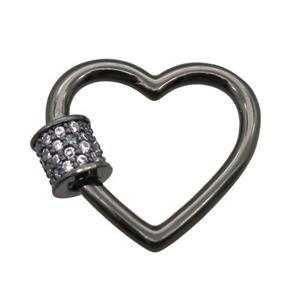 copper heart carabiner lock pendant paved zircon, screw, black gunmetal plated, approx 18mm