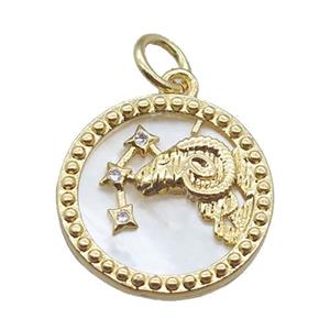 copper circle pendant paved zircon, Zodiac Aries, shell backing, gold plated, approx 15mm dia