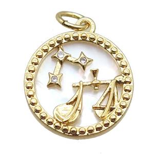 copper circle pendant paved zircon, Zodiac Libra, shell backing, gold plated, approx 15mm dia