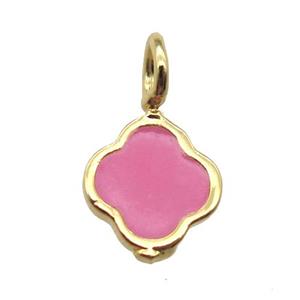 copper clover pendant with pink enameling, gold plated, approx 8mm dia