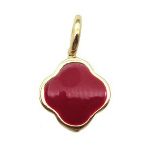 copper clover pendant with red enameling, gold plated, approx 8mm dia