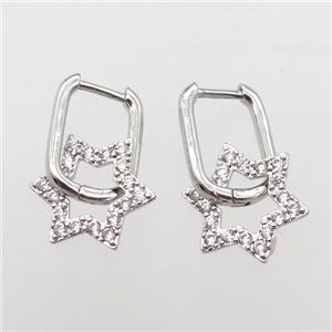 copper Latchback Earrings paved zircon, star, platinum plated, approx 15mm, 12-16mm
