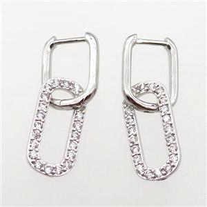 copper Latchback Earrings paved zircon, platinum plated, approx 10-20mm, 12-16mm