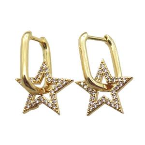 copper Latchback Earrings paved zircon, star, gold plated, approx 15mm, 12-16mm