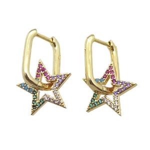 copper Latchback Earrings paved zircon, star, gold plated, approx 15mm, 12-16mm