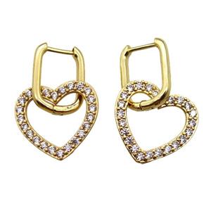 copper Latchback Earrings paved zircon, heart, gold plated, approx 18mm, 12-16mm