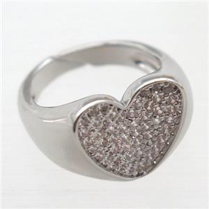 copper Rings pave zircon, heart, Resizable, platinum plated, approx 14mm, 18mm dia