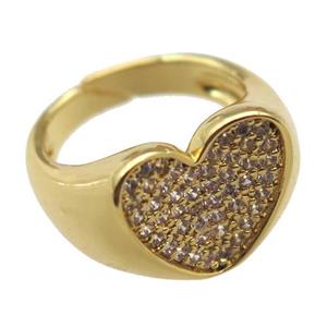 copper Rings pave zircon, heart, Resizable, gold plated, approx 14mm, 18mm dia