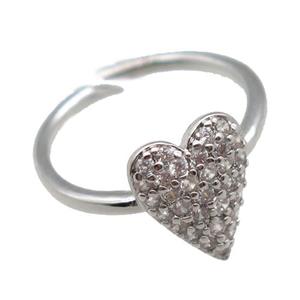 copper Rings pave zircon, heart, Resizable, platinum plated, approx 10-12mm, 20mm dia