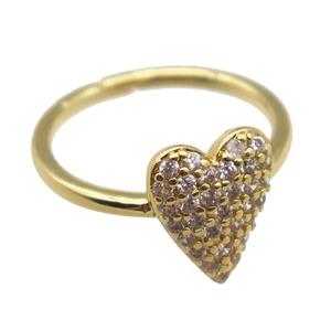 copper Rings pave zircon, heart, Resizable, gold plated, approx 10-12mm, 20mm dia