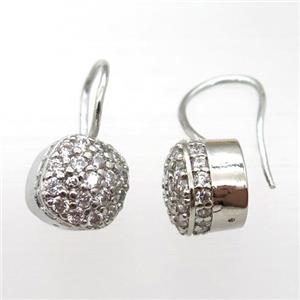 copper hook Earrings pave zircon, platinum plated, approx 11mm, 20mm