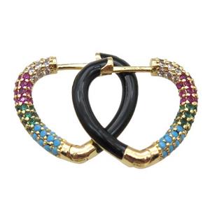 copper Latchback Earrings pave zircon with black Enameling, gold plated, approx 20mm dia