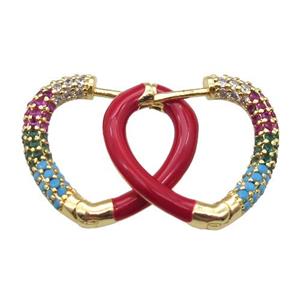 copper Latchback Earrings pave zircon with red Enameling, gold plated, approx 20mm dia