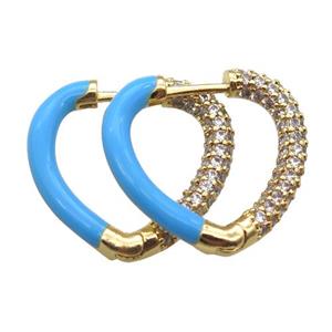 copper Latchback Earrings pave zircon with blue Enameling, gold plated, approx 20mm dia