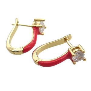 copper Latchback Earrings pave zircon with red Enameling, gold plated, approx 13-18mm