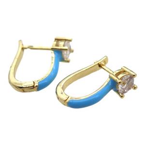 copper Latchback Earrings pave zircon with blue Enameling, gold plated, approx 13-18mm