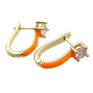 copper Latchback Earrings pave zircon with orange Enameling, gold plated, approx 13-18mm