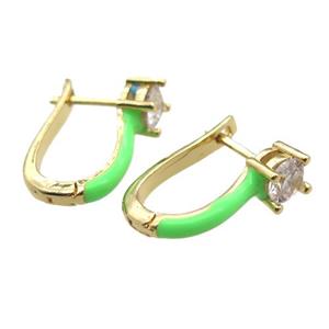 copper Latchback Earrings pave zircon with green Enameling, gold plated, approx 13-18mm