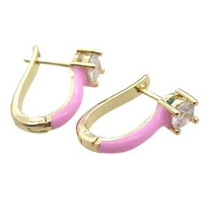 copper Latchback Earrings pave zircon with pink Enameling, gold plated, approx 13-18mm