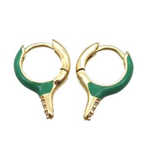 copper hoop Earrings with green Enameling, gold plated, approx 12-16mm