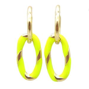 copper hoop Earring with yellow enameling, oval, gold plated, approx 11-20mm, 14mm dia