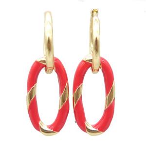 copper hoop Earring with red enameling, oval, gold plated, approx 11-20mm, 14mm dia