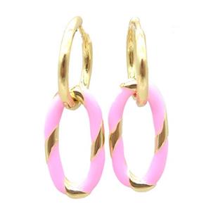 copper hoop Earring with pink enameling, oval, gold plated, approx 11-20mm, 14mm dia