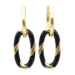 copper hoop Earring with black enameling, oval, gold plated, approx 11-20mm, 14mm dia
