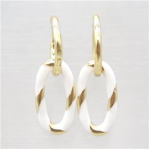 copper hoop Earring with white enameling, oval, gold plated, approx 11-20mm, 14mm dia