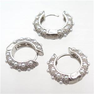 copper hoop earring pave pearlglass, platinum plated, approx 20mm dia