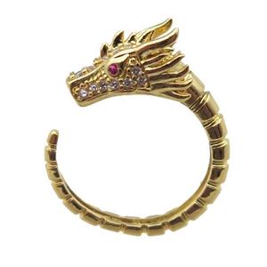 copper dragon Rings pave zircon, Resizable, gold plated, approx 18mm dia