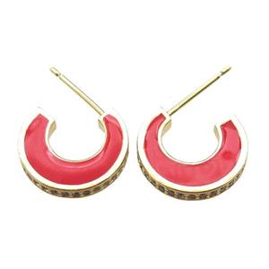copper stud Earrings with red Enameling, gold plated, approx 14mm dia