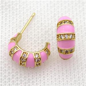 copper stud Earrings with pink Enameling, gold plated, approx 12-15mm