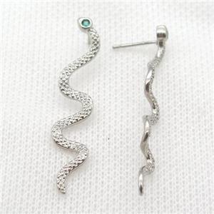 copper snake stud Earrings paved zircon, platinum plated, approx 10-40mm