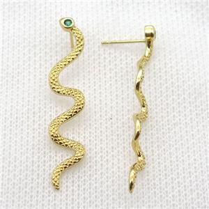 copper snake stud Earrings paved zircon, gold plated, approx 10-40mm
