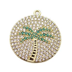 copper circle pendant pave zircon, coconut tree, gold plated, approx 25mm dia