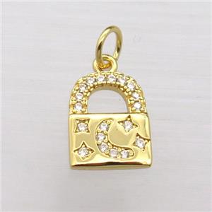 copper lock pendant pave zircon, moon, gold plated, approx 9-12mm