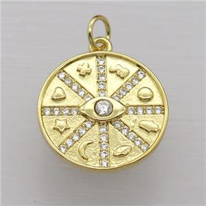 copper circle pendant pave zircon, gold plated, approx 19mm dia