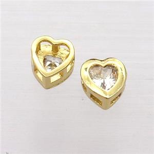 copper heart beads pave zircon, gold plated, approx 6mm dia